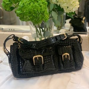 The Find black patent leather faux croc handbag